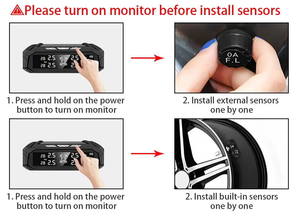E-ACE TPMS monitor kit by Simples Market, black LCD-display unit with external and built-in sensor installation guides.