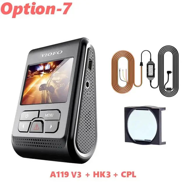VIOFO A119 V3 dash cam in black with HK3 and CPL filter; bundle includes three cables