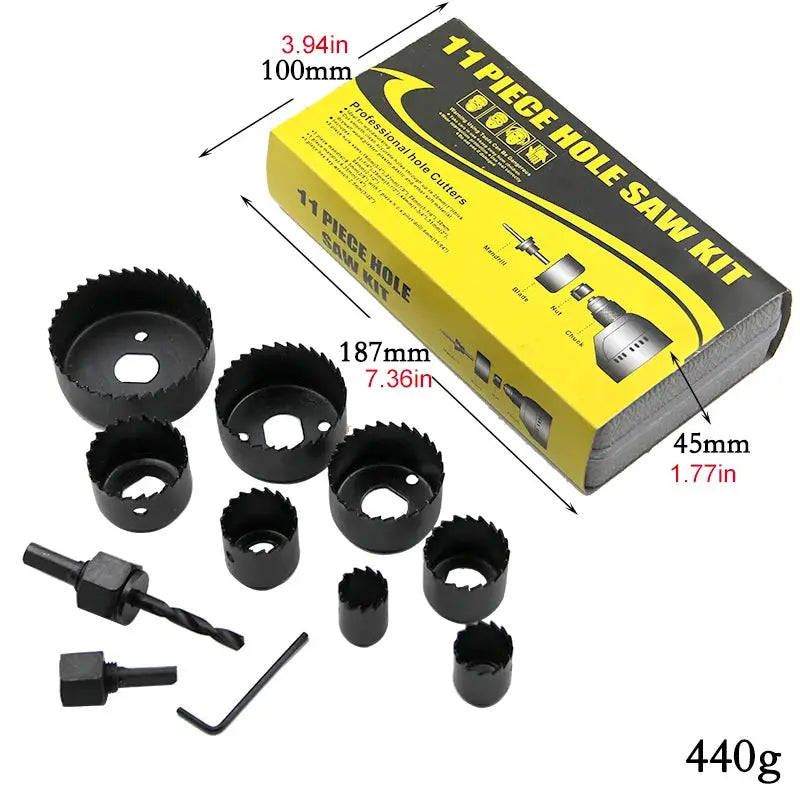 11 Piece Black Hole Saw Set For Woodworking And Gypsum Board And Ceiling 19 To 64 Mm With Plastic Storage Box