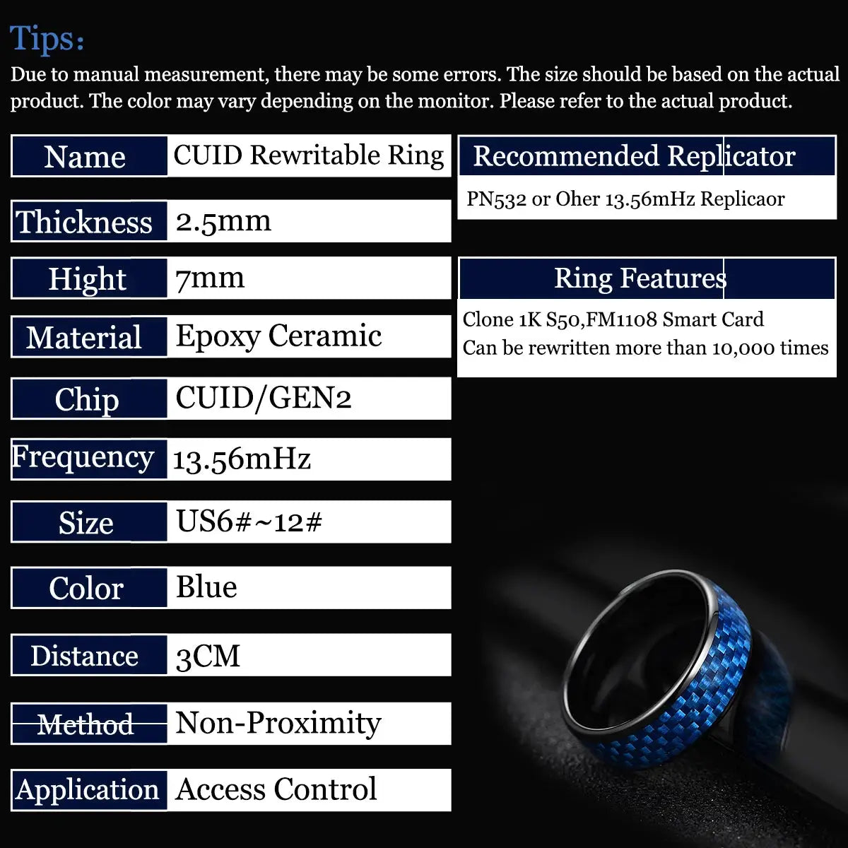 Inlay Blue Or Black Carbon Fiber 7mm Ceramic Finger Ring For Men And Women Gen2 Rewritable 13 56 MHz UID 1K S50 Smart Ring
