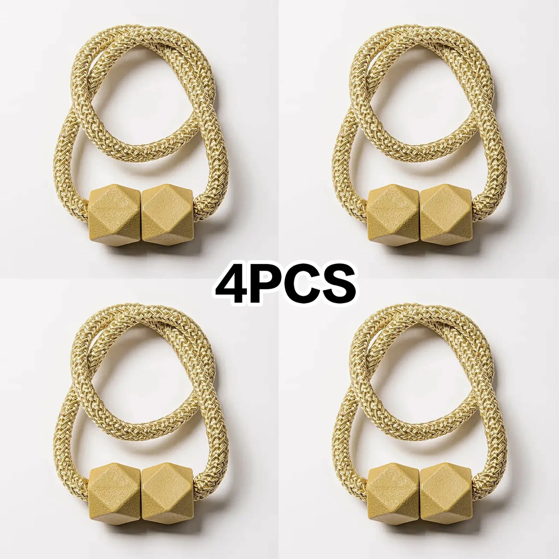 4-piece magnetic curtain tieback set with thick gold-beige braided rope.