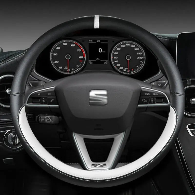 Simples Market microfiber leather steering wheel cover, black and white, non-slip, 38cm for SEAT models