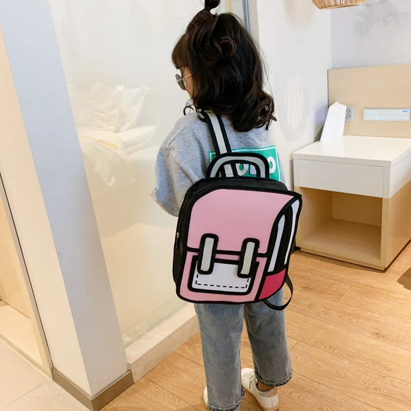 Two Dimensional 3D Multi-Functional Backpack in pink with black trim worn by a child for school.