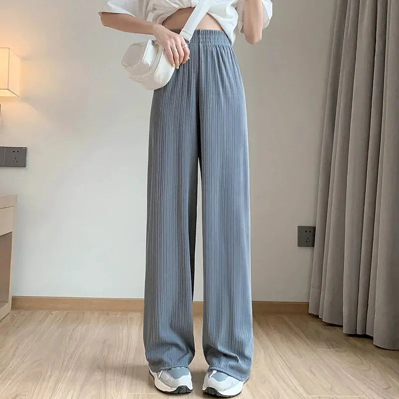 Thin Summer Wide-leg Pants in blue with elastic waist and breathable ice-filament fabric by Simples Market.