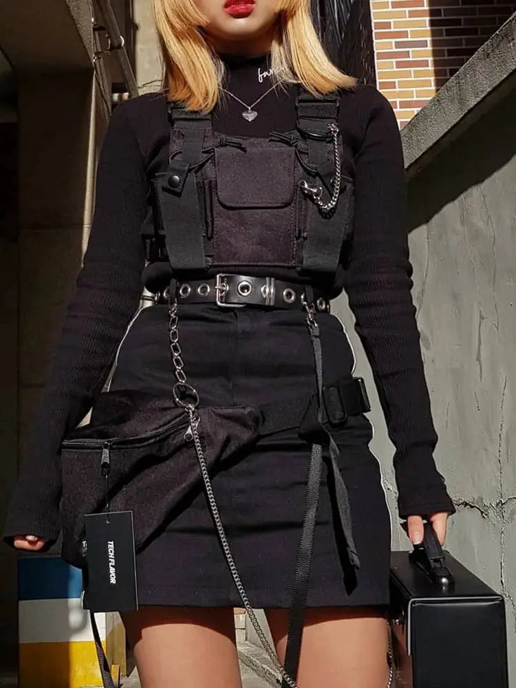 Functional tactical chest bag, black chest rig with pockets and metal hardware; includes a small handheld black box bag.