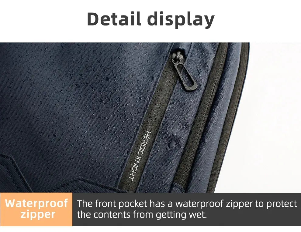 HK Slim Backpack for Men, navy blue with waterproof zipper and front pocket detail