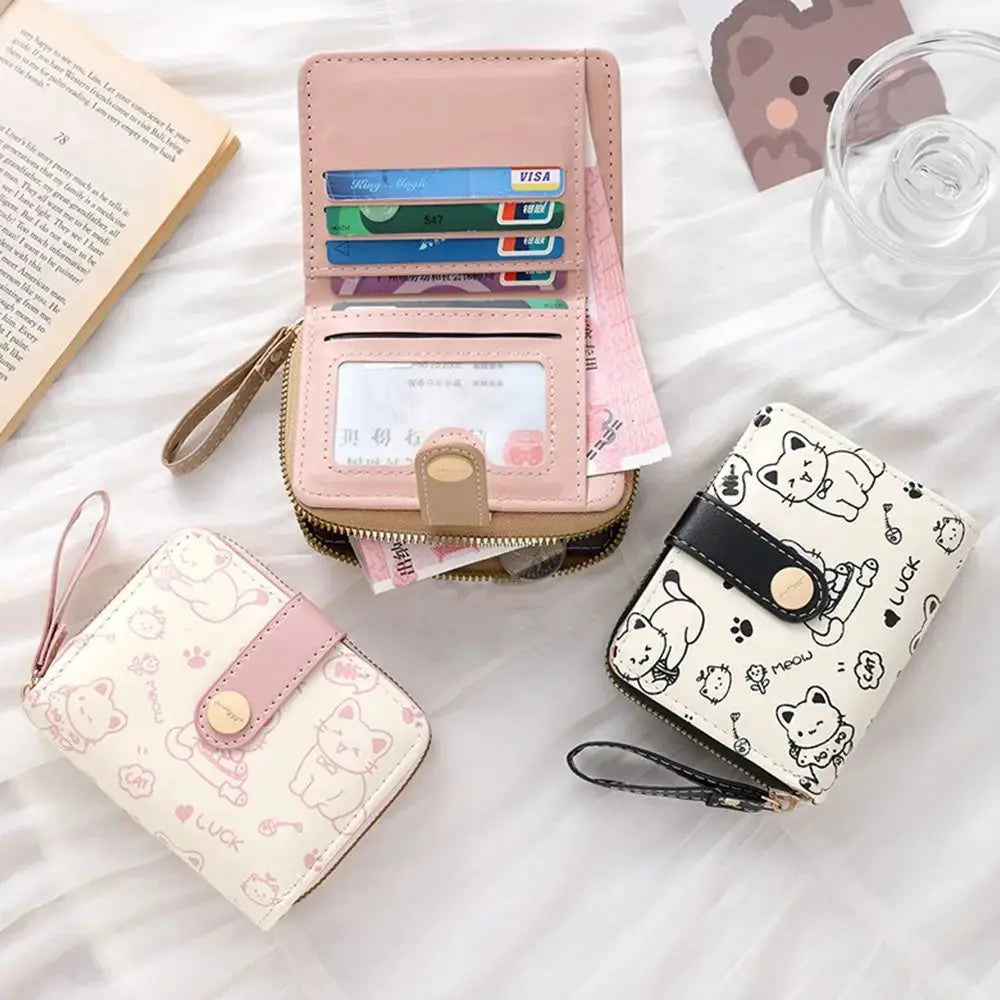Cat-themed PU leather wallet set: pink large-capacity wallet with cards and two cat-printed wallets with wrist straps.