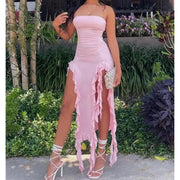 Women's Strapless Floral Mini Dress High Slit Folded Hem Backless
