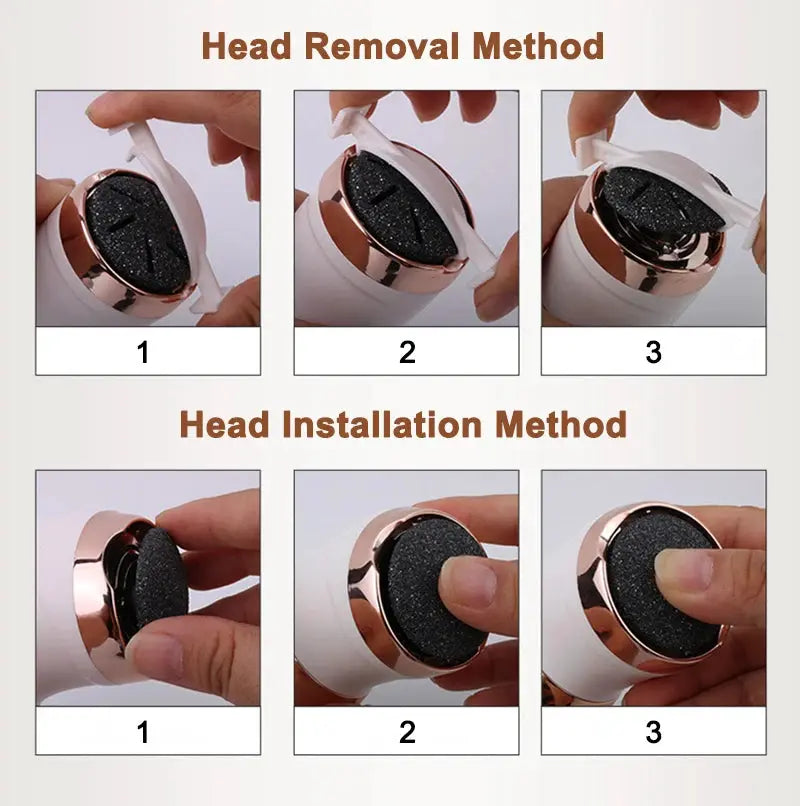 Simples Market electric pedicure foot file with rose-gold accents; 3-step head removal and installation guide shown.