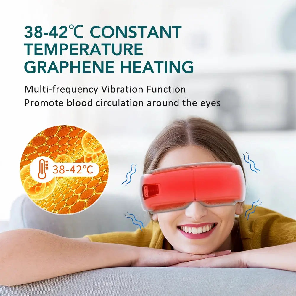 Foldable red eye massager glasses with air pressure, heat (38–42°C), vibration and Bluetooth music