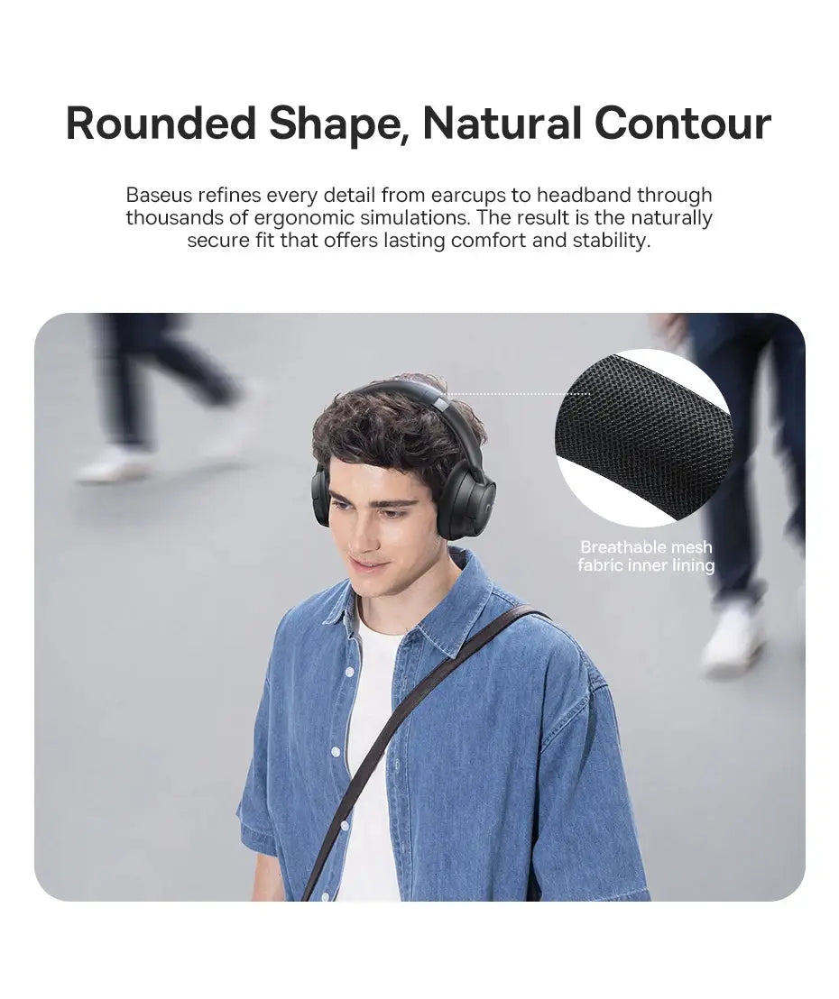Baseus Bass EH10 NC wireless over-ear headphones in black with Bluetooth 6.0 noise canceling.