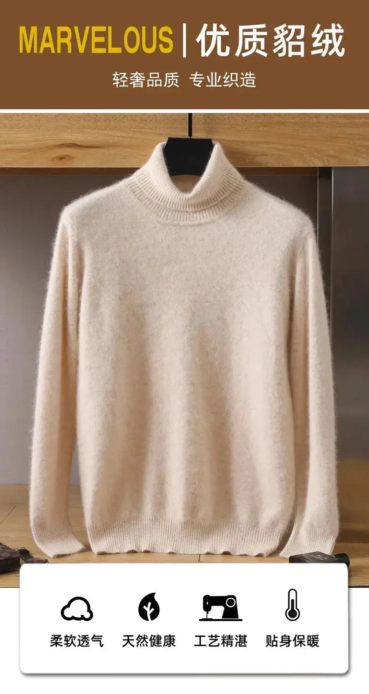 Men's cream mink-velvet cashmere sweater on hanger; soft fuzzy knit, long sleeves, high collar.