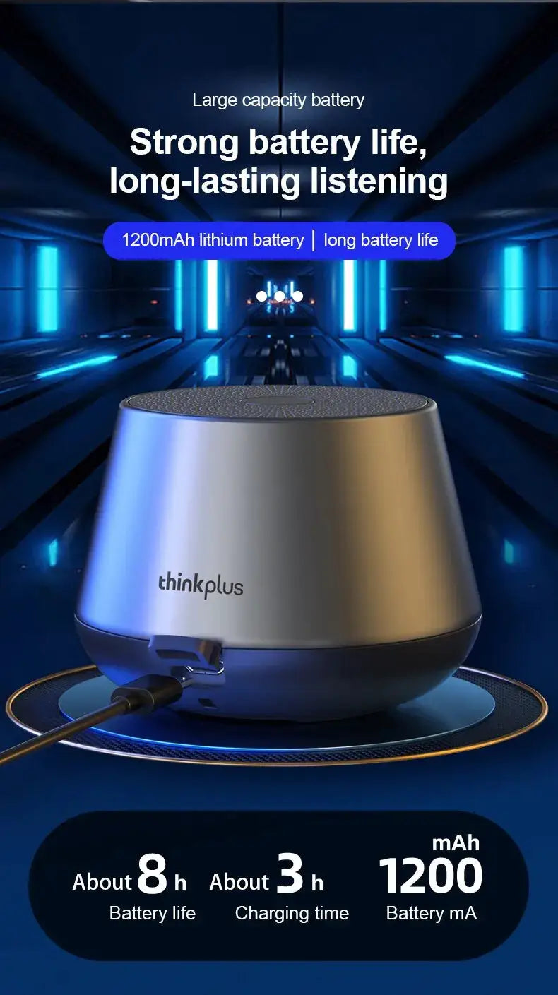 thinkplus portable Bluetooth speaker with 1200mAh battery, silver cylindrical design and USB charging cable