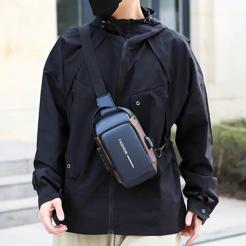 Men's anti-theft chest bag crossbody, navy blue with brown accents and USB charging