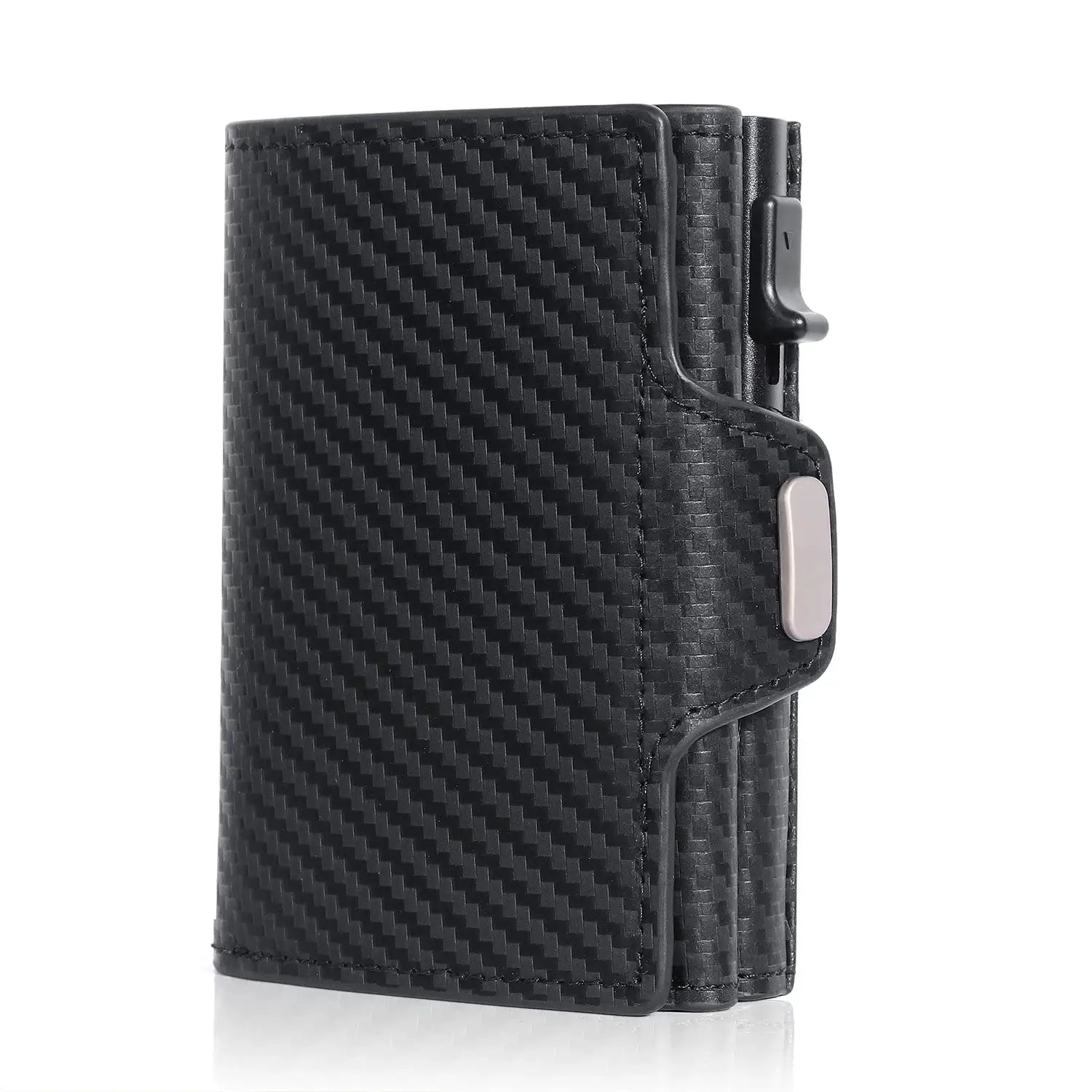 Simples Market black genuine leather RFID wallet with carbon-fiber texture and pop-up card case