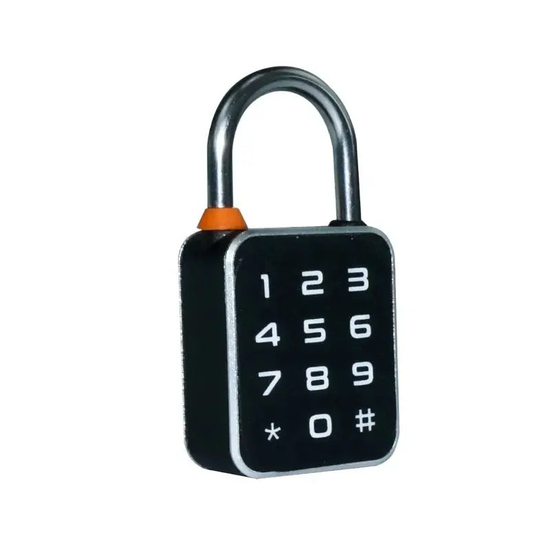 3-in-1 mini smart padlock with numeric keypad, black body, orange collar, silver shackle