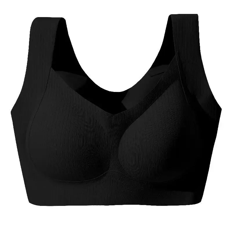 Simples Market black one-piece sports bra with fixed cups and wide straps, ribbed fabric.