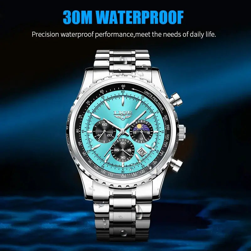 LIGE men's luxury chronograph watch with turquoise dial, stainless steel bracelet, 30m waterproof