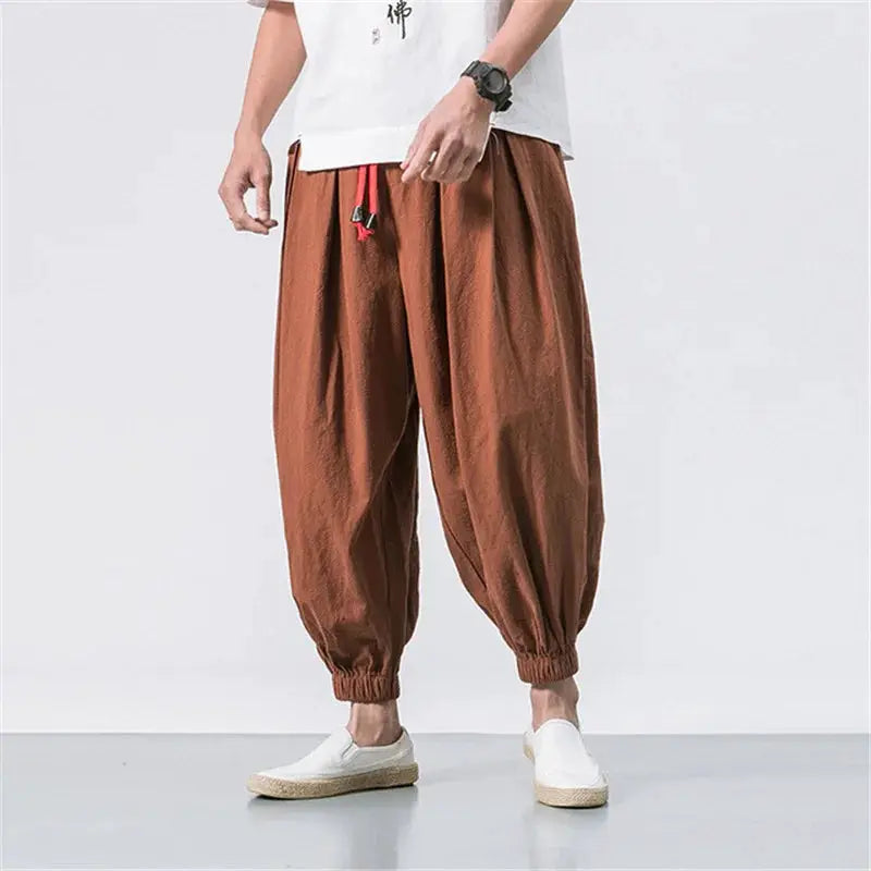 FGKKS Men Loose Harem Pants Linen Cotton Blend Oversize Sweatpants Casual Trousers