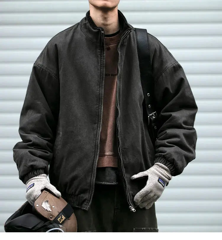 Men's Japanese vintage polar fleece jacket by Simples Market, oversized black winter coat