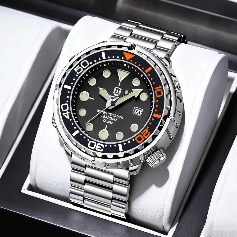 QINGXIYA men's sports quartz watch with stainless steel bracelet, black dial, luminous markers, orange bezel