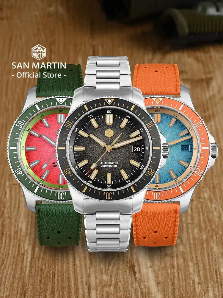 San Martin dive watches set, three pieces with green strap, orange strap, and steel bracelet; store logo visible