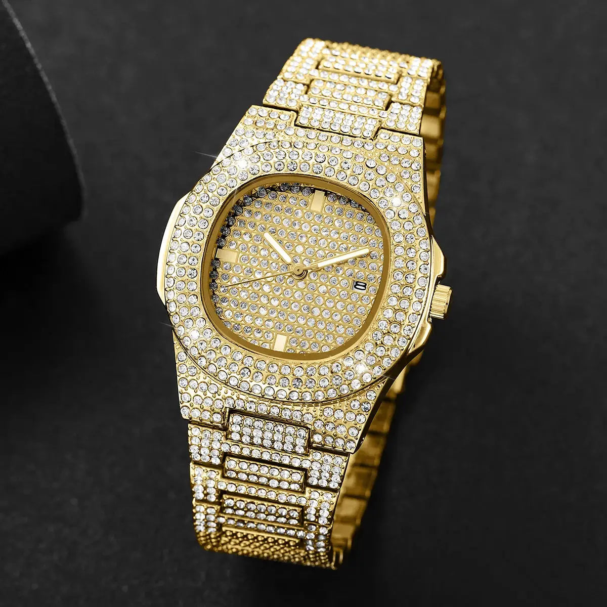 Watch: luxury full-diamond men's gold-tone stainless steel with calendar, Simples Market