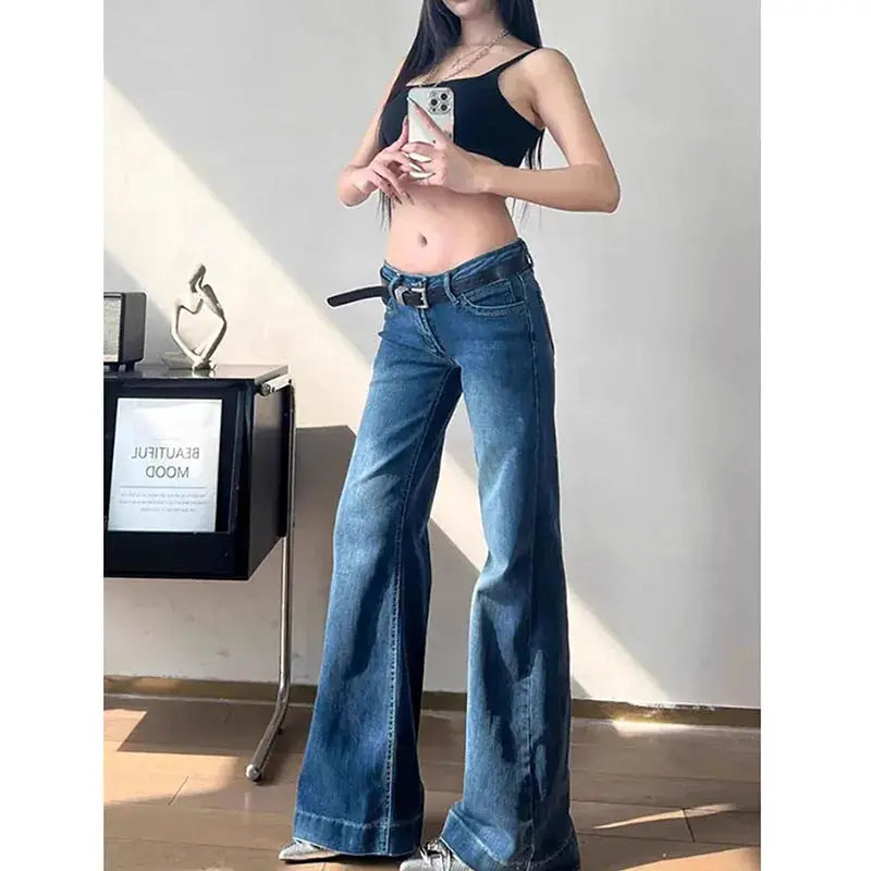 Lucyever Y2K Streetwear Low Waisted Jeans Women Wide Leg Denim Flares