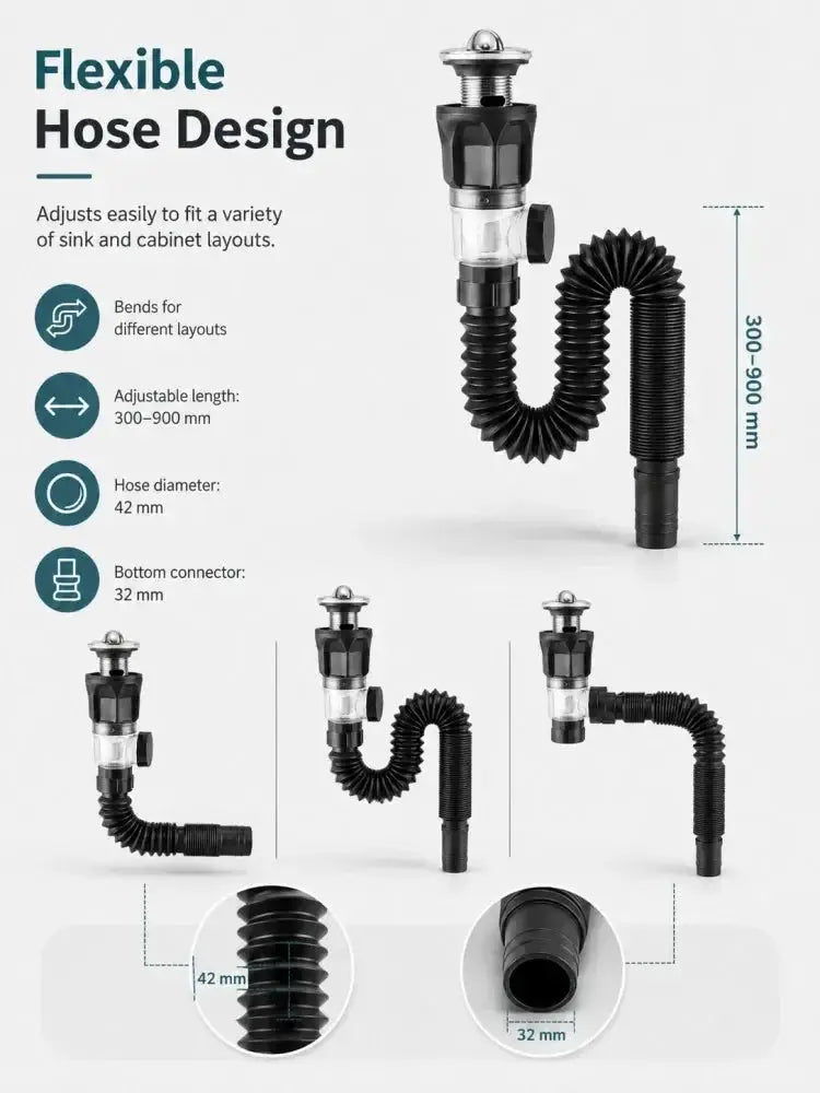 Bathroom sink drain kit with flexible black hose, ABS body and stainless steel top, 1–5 pcs set