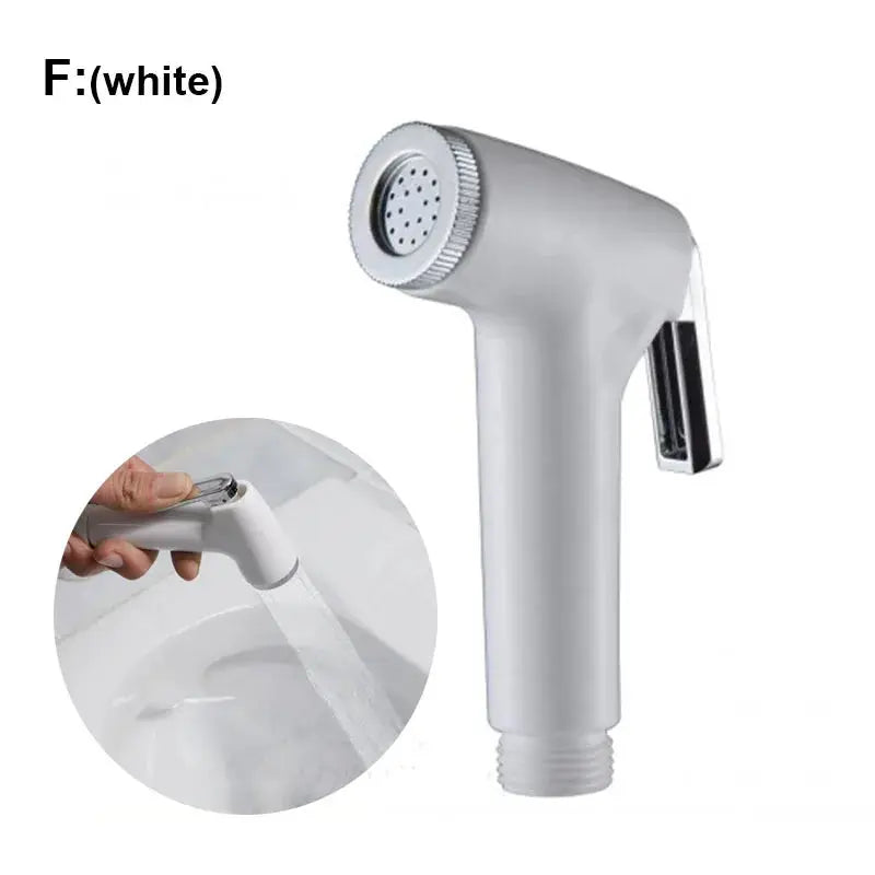 Handheld bidet spray head, white and silver ABS, with hose connector for toilet