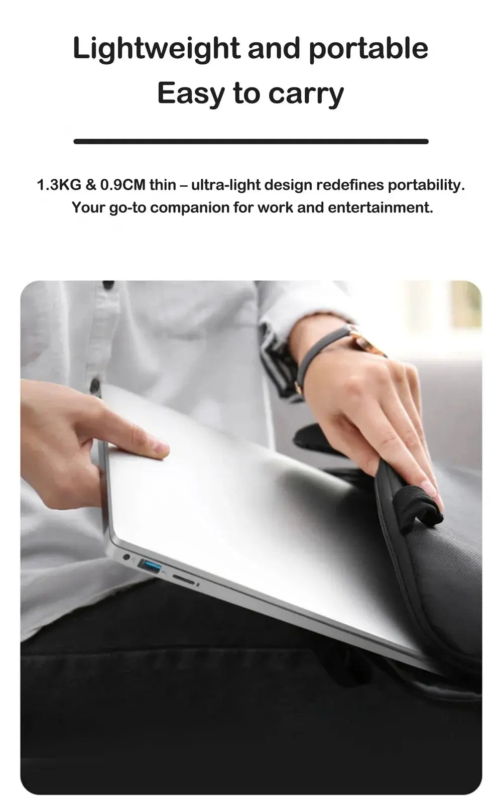 14.1-inch ultrathin laptop in silver being slipped into a black protective sleeve