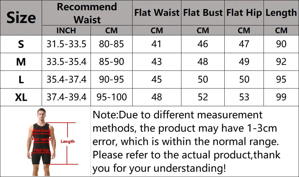 Men's black waist-trainer sauna jumpsuit with size chart (S–XL) and measurements.