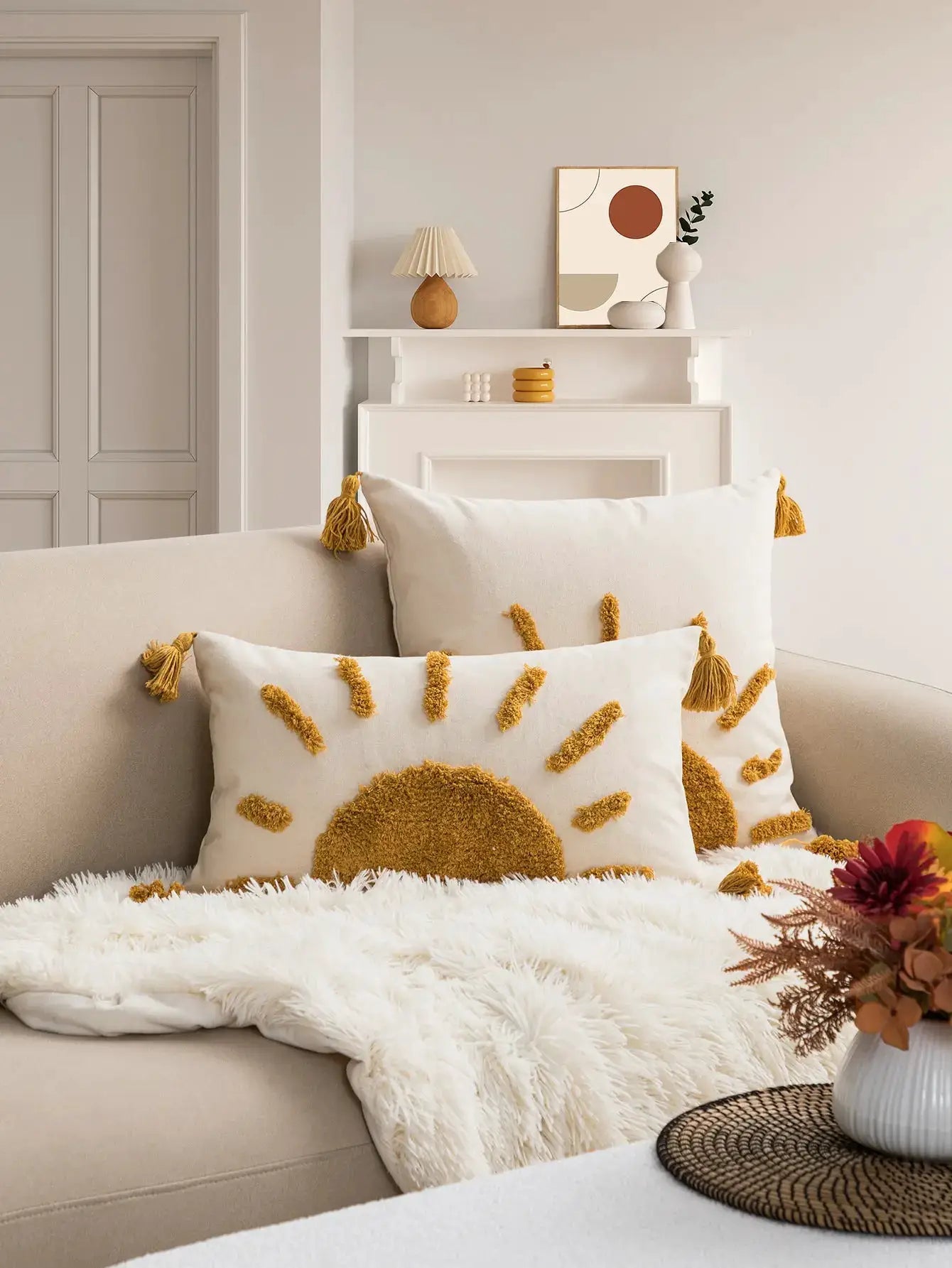 Pillowcase cover by Simples Market, yellow sun pattern on bohemian cotton sail fabric with tufting, for sofas and beds