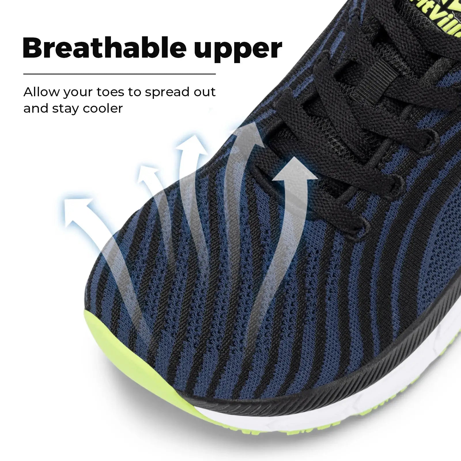 FitVille wide-toe-box men's running shoe, blue/black knit upper, lime outsole