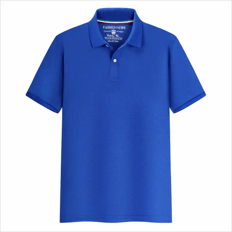 Simples Market blue polo shirt, short-sleeve unisex casual top with collar, solid color textured piqué knit.