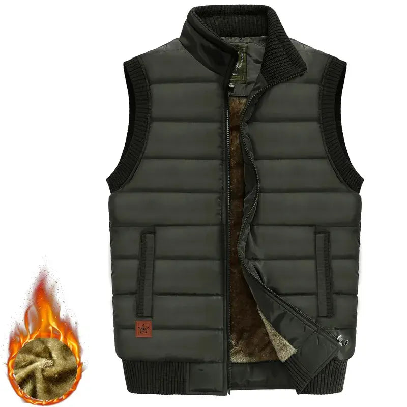 Men's olive quilted padded vest with stand collar, zip closure, faux fur lining, 8XL.