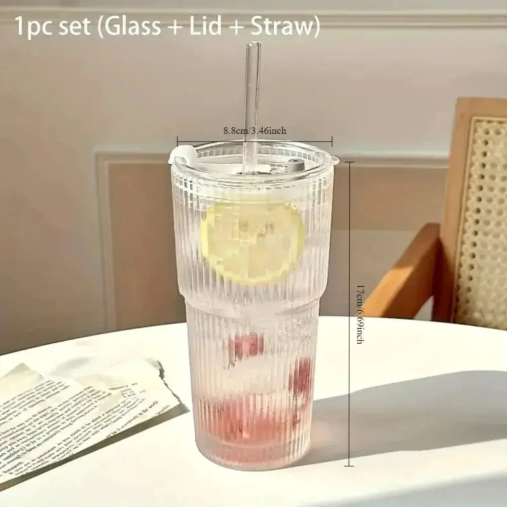 600ml Stripe Glass Cup With Lid And Straw Transparent Drinking Glass