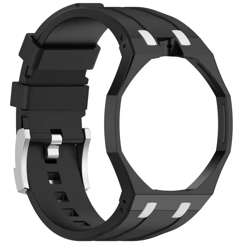 Black silicone watch strap with silver buckle for Swatch X AP Royal Pop wristwatch by Simples Market
