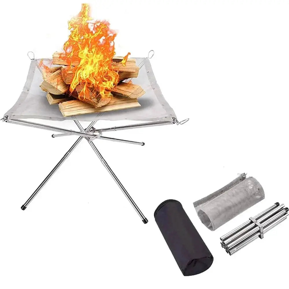 Portable stainless steel mesh fire pit rack for outdoor camping with foldable frame, carry bag and pole kit