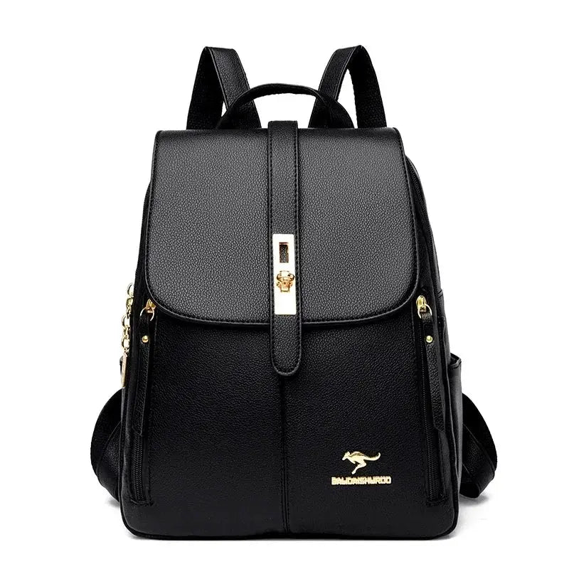 Women’s black leather backpack with gold hardware, large capacity and front logo emblem.