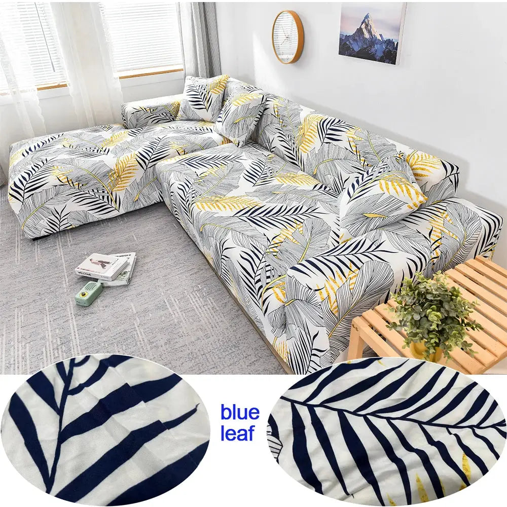 Simples Market L-shaped sofa cover with blue leaf print; stretchy elastic slipcover for 1–4 seat corner sofa.