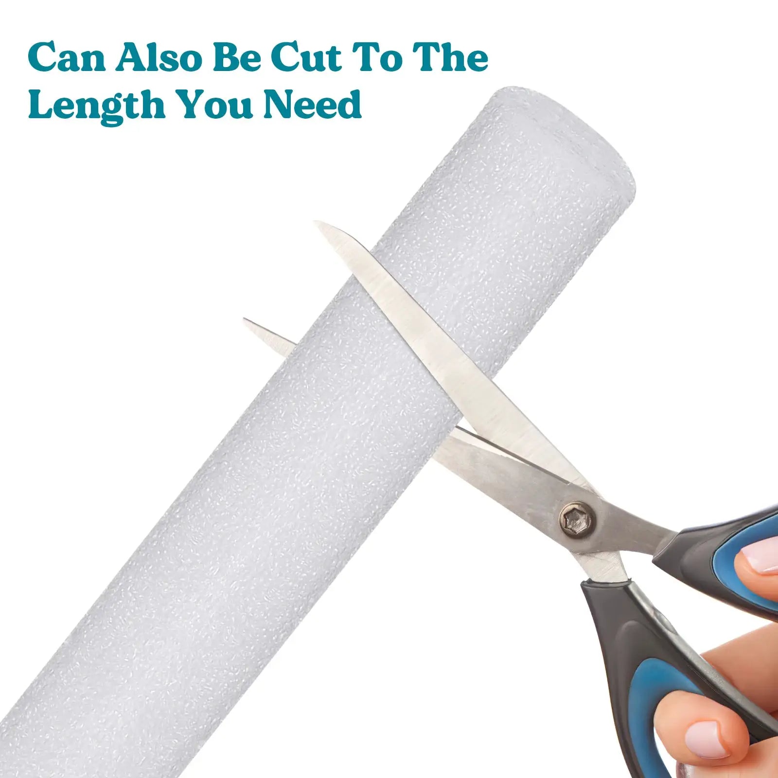Anti-slip sofa foam strips, grey foam material, shown with scissors cutting to length