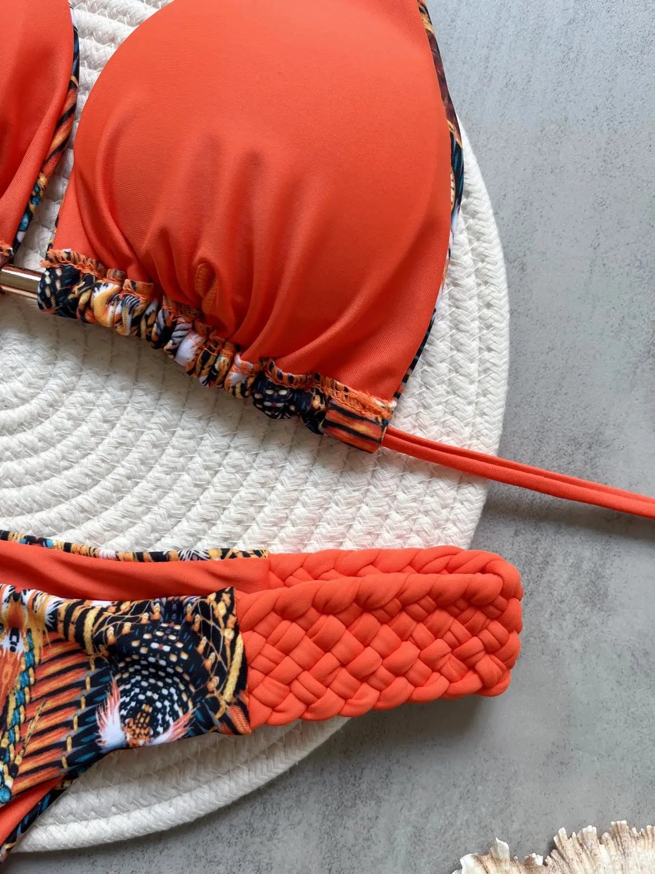 RUOTONSEPT orange halter bikini top with printed trim and matching high-cut bottom; two-piece swimsuit