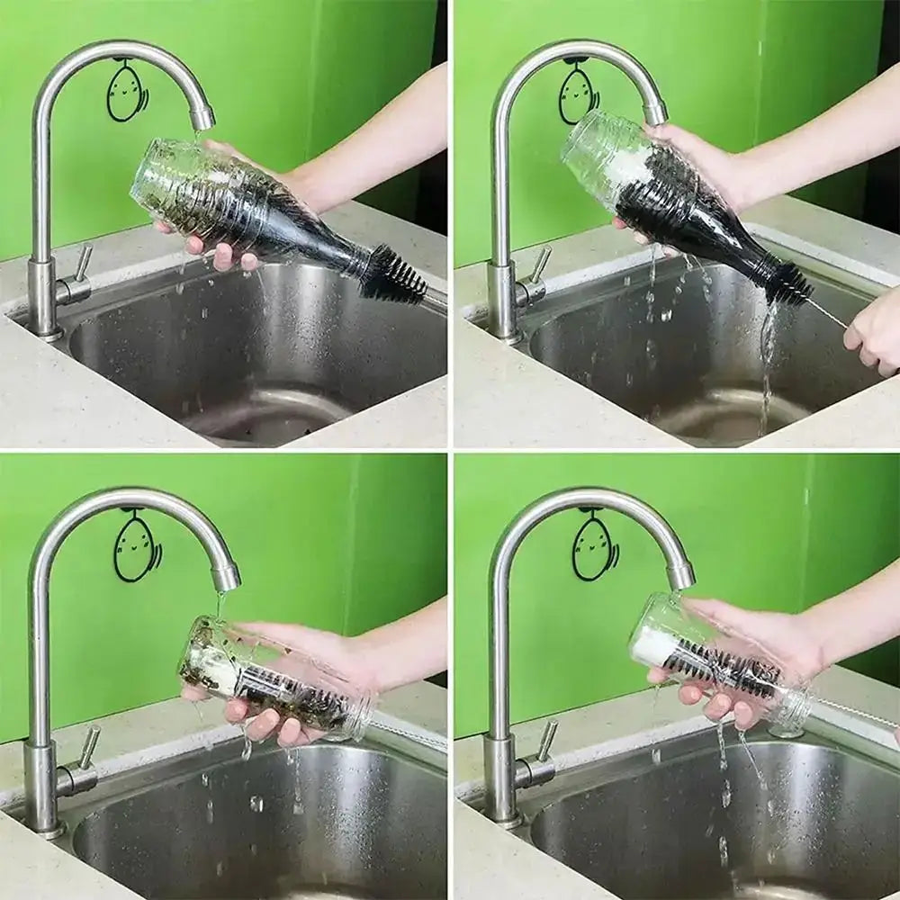 Bottle brush with beechwood handle cleaning a SodaStream glass bottle