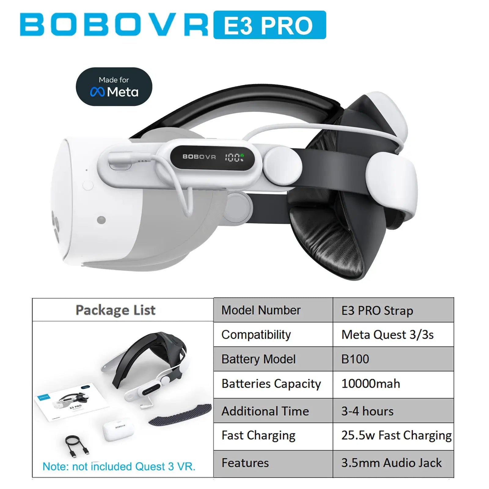 BOBOVR E3 PRO head strap for Meta Quest 3/3S; white with black band, built-in battery, VR accessory