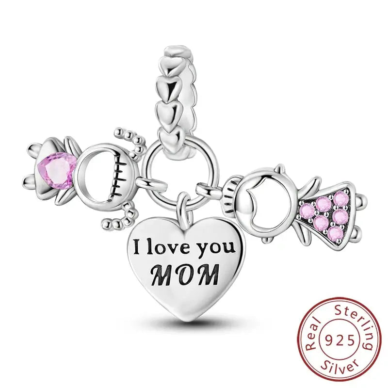 Mother's Day 925 Sterling Silver Heart Charms Beads Dangle For Bracelets Love Mom Jewelry Gift