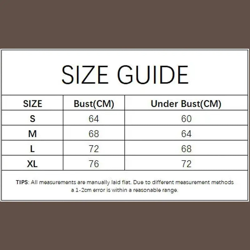 Bra size guide chart for women's bra with bust and under-bust measurements (S–XL)
