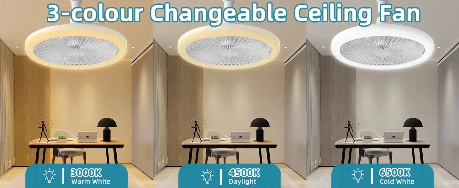 IRALAN modern ceiling fan with LED light; 3-color changeable warm white, daylight, cold white.