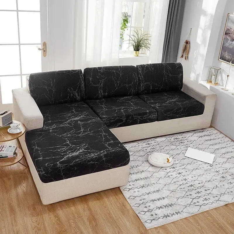 Simples Market 1PC elastic seat cushion cover in black marble pattern for living room sofa