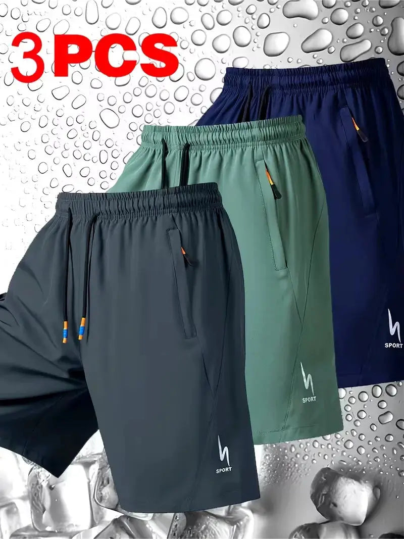 Simples Market men's sport shorts, 3-pack with elastic waist, breathable fabric in navy, teal, green and charcoal.